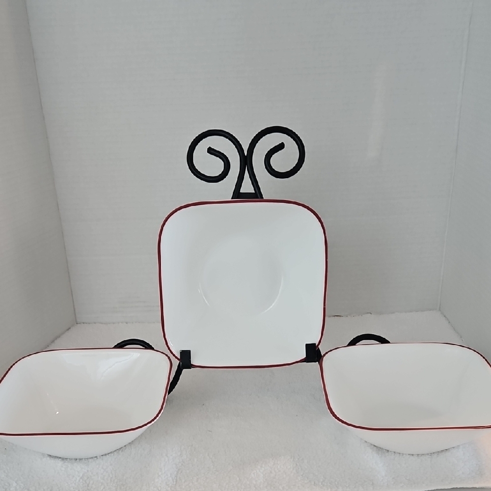 Corelle White Square Red Edge Cereal Soup Bowls Set of 3
